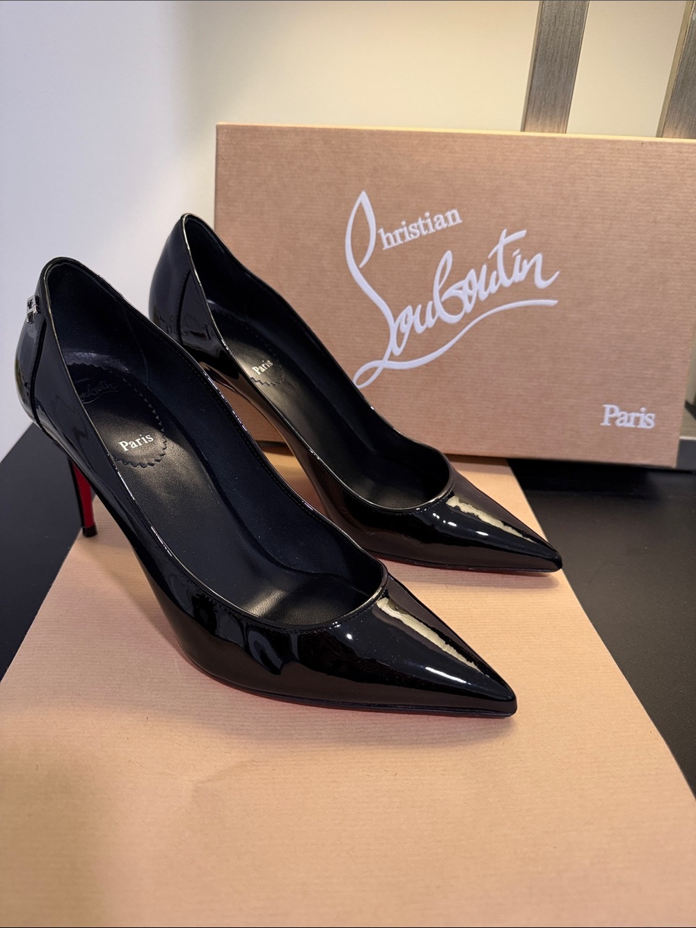 Christian Louboutin Black Patent Pointed-Toe Stiletto Pumps with Red Sole